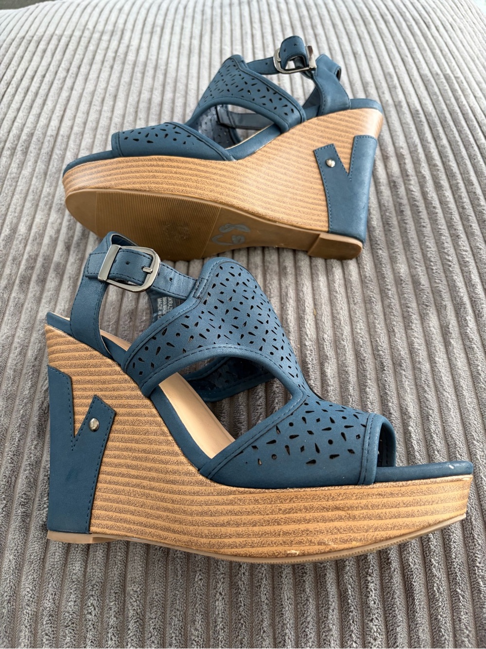 Jasmine Blue Laser-Cut Wedge Sandals with Buckle Ankle Strap
